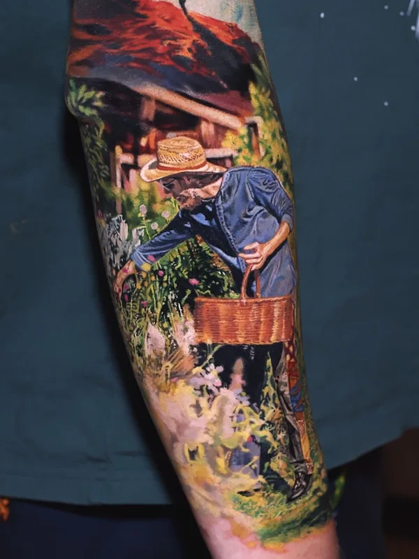 Painterly realism full sleeve tattoo — gardener scene