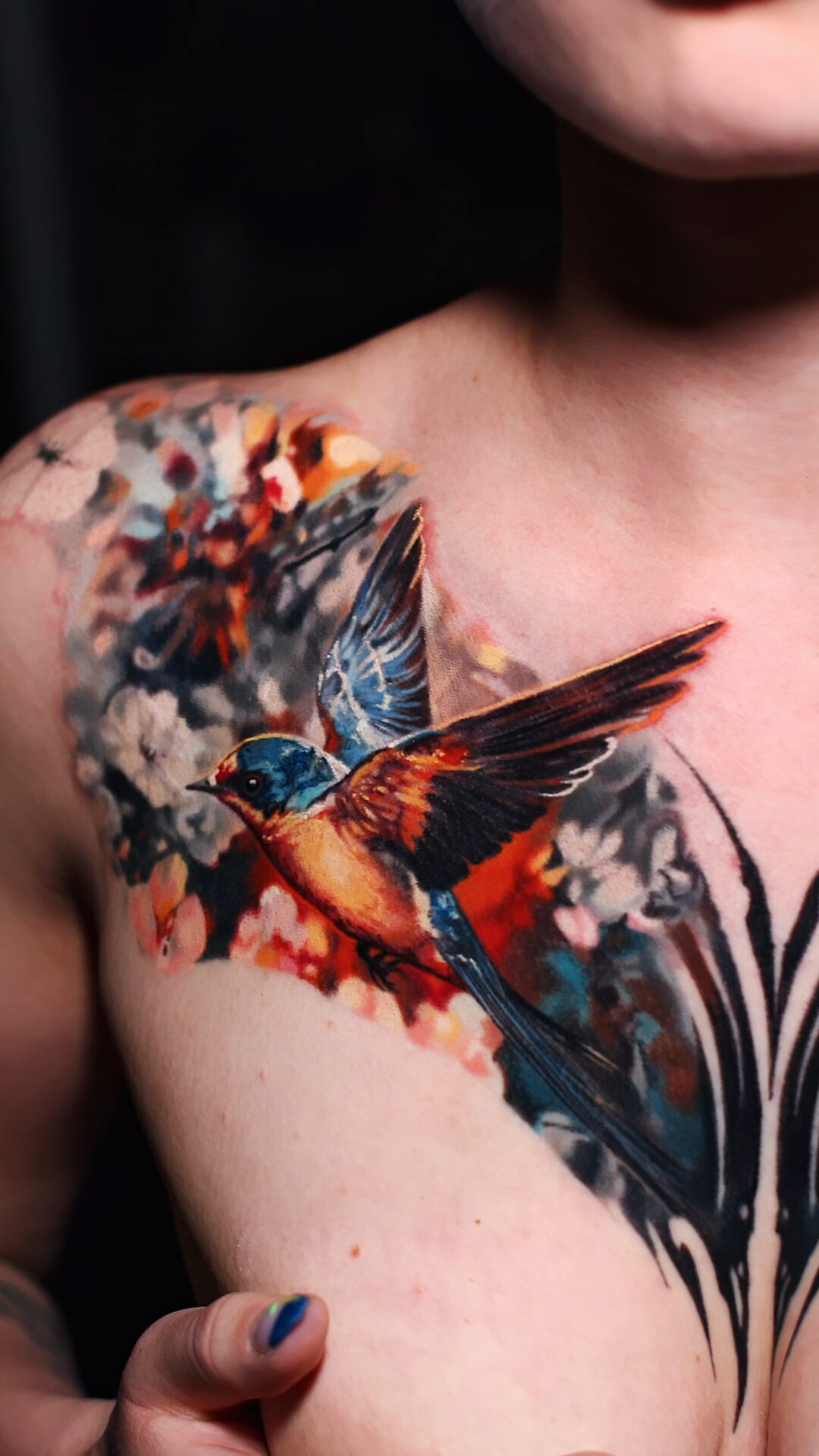Color realism cover-up by Alex666cold — two symmetrical swallows across the chest, covering a laser-removal scar